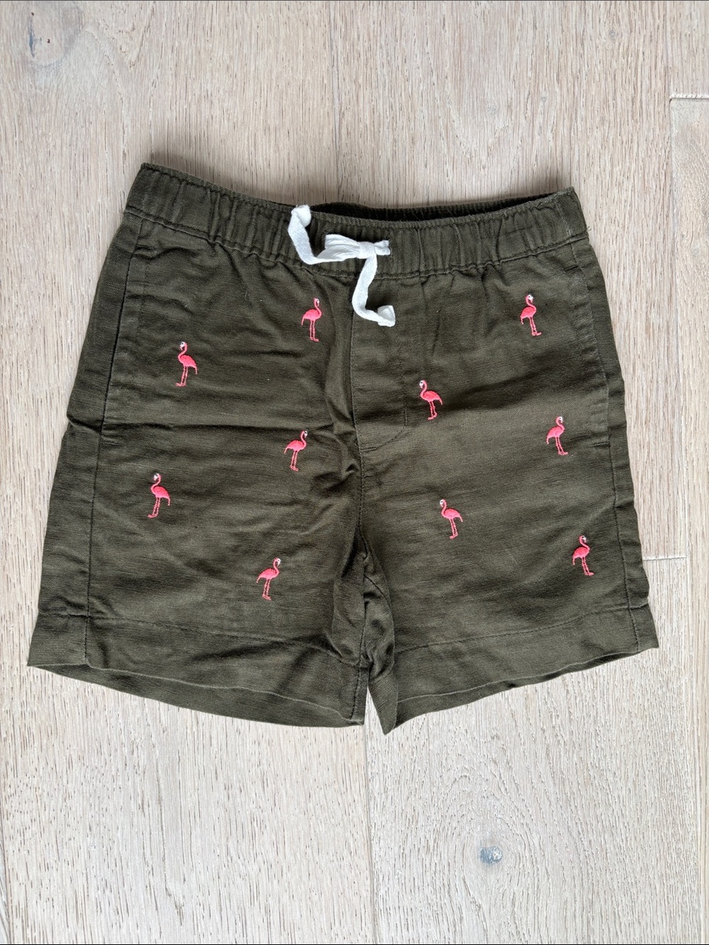 Janie and Jack Olive Green Swim Trunks with Pink Flamingo Embroidery